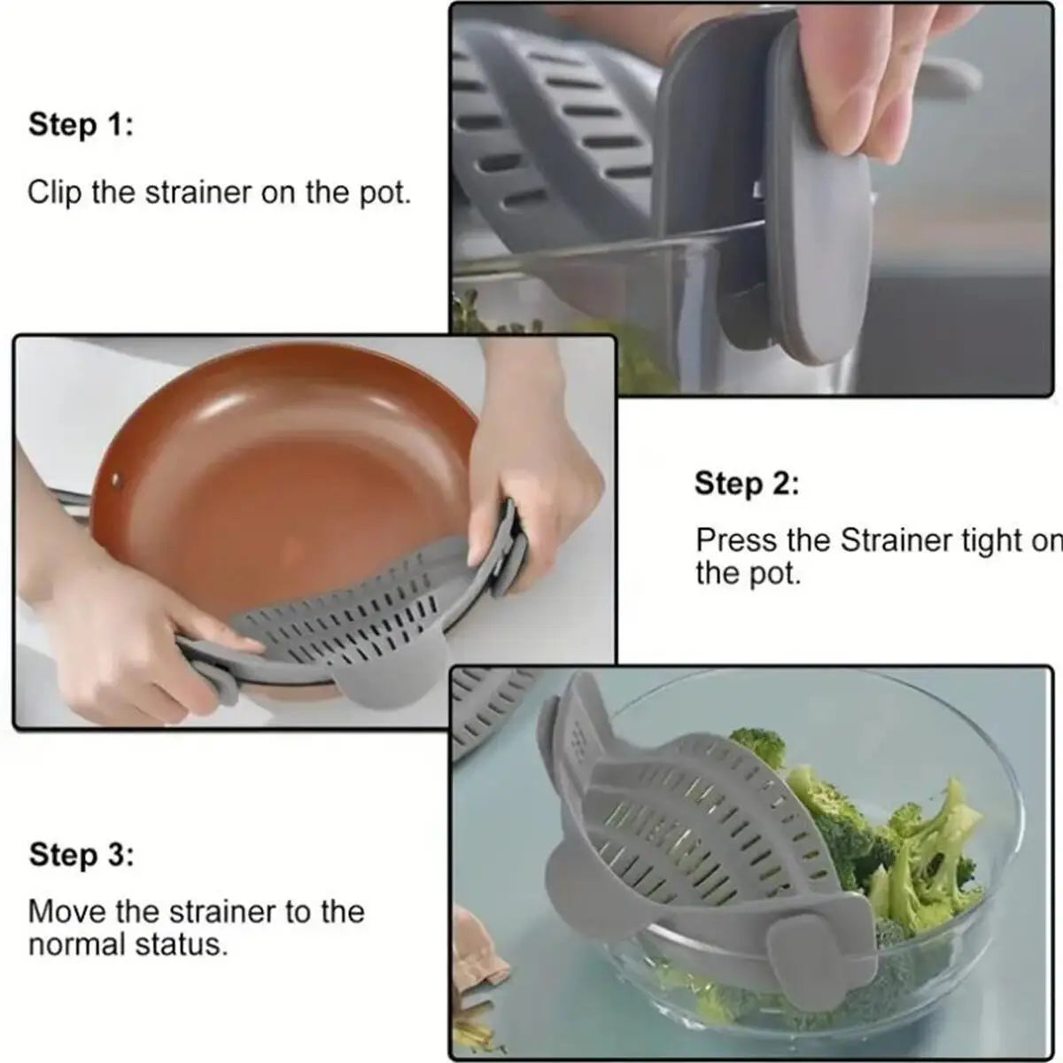 SnapStrain™ — Adjustable Clip-On Pot & Pan Strainer