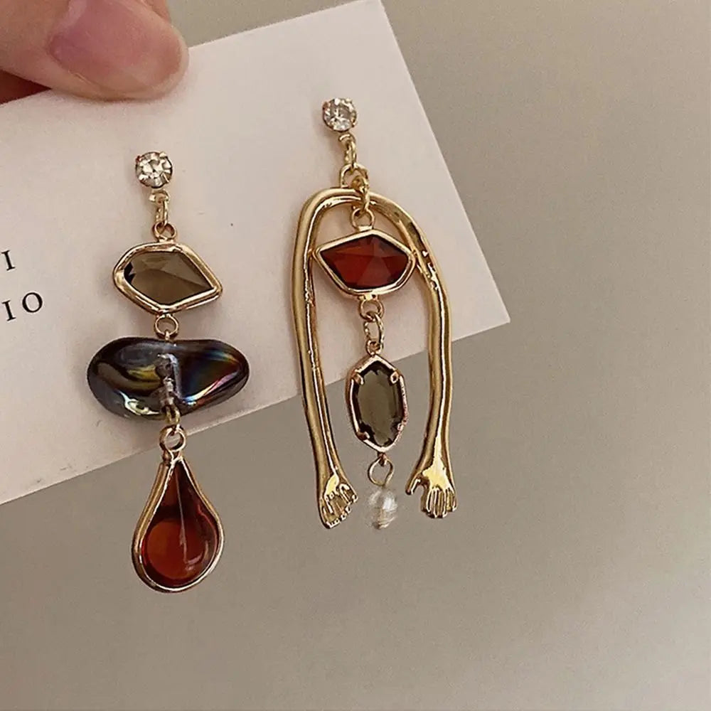 Vintage Abstract Art Asymmetric Drop Earrings – Humanoid Hand Statement Jewelry for Women
