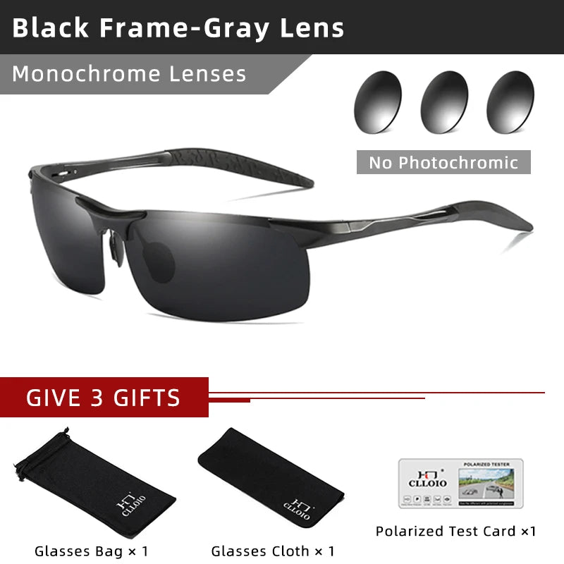 CLLOIO Polarized Photochromic Sunglasses – UV400 Day/Night Driving Chameleon Glasses for Men (Aluminum Frame)