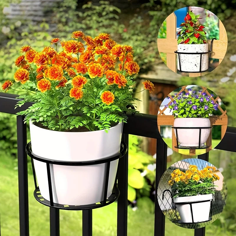 SkyBloom™ Hanging Metal Flower Pots (Set of 3) – Iron Art Planters with Hooks for Balcony & Fence