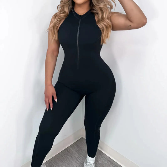 FlexFit™ Zipper Padded Yoga Romper – One-Piece Sleeveless Sports Bodysuit for Women