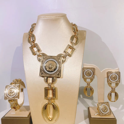 Face Charm Elegance: 3-Piece Ladies Jewelry Set – Pendant Necklace, Statement Earrings & Square Ring