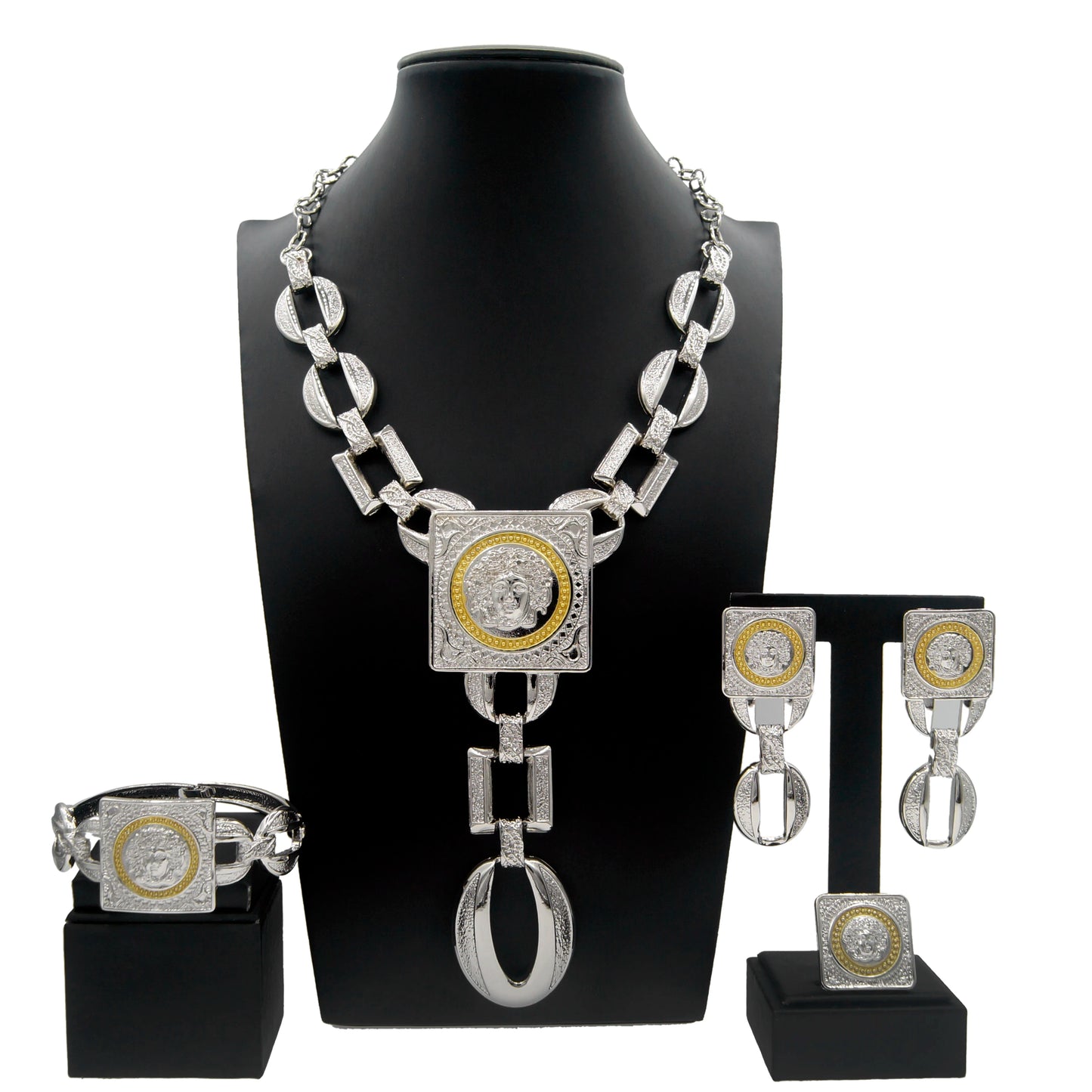 Face Charm Elegance: 3-Piece Ladies Jewelry Set – Pendant Necklace, Statement Earrings & Square Ring