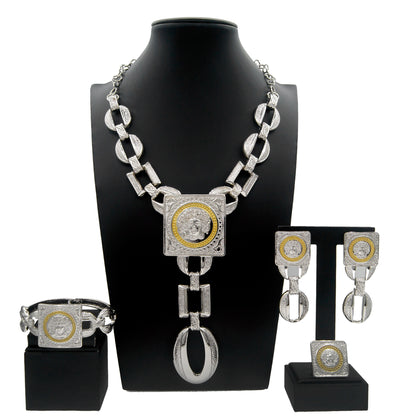 Face Charm Elegance: 3-Piece Ladies Jewelry Set – Pendant Necklace, Statement Earrings & Square Ring