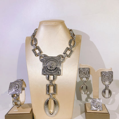 Face Charm Elegance: 3-Piece Ladies Jewelry Set – Pendant Necklace, Statement Earrings & Square Ring
