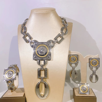 Face Charm Elegance: 3-Piece Ladies Jewelry Set – Pendant Necklace, Statement Earrings & Square Ring