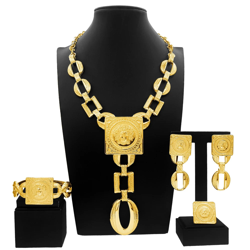 Face Charm Elegance: 3-Piece Ladies Jewelry Set – Pendant Necklace, Statement Earrings & Square Ring