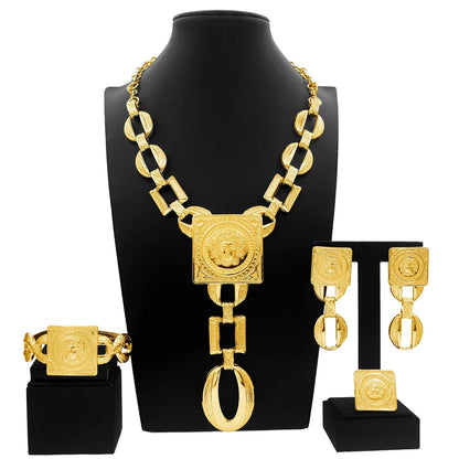 Face Charm Elegance: 3-Piece Ladies Jewelry Set – Pendant Necklace, Statement Earrings & Square Ring