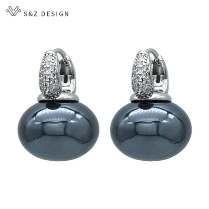 S&Z DESIGN Elegant Bread Round Pearl Dangle Earrings – Cubic Zirconia Wedding Jewelry Gift for Women