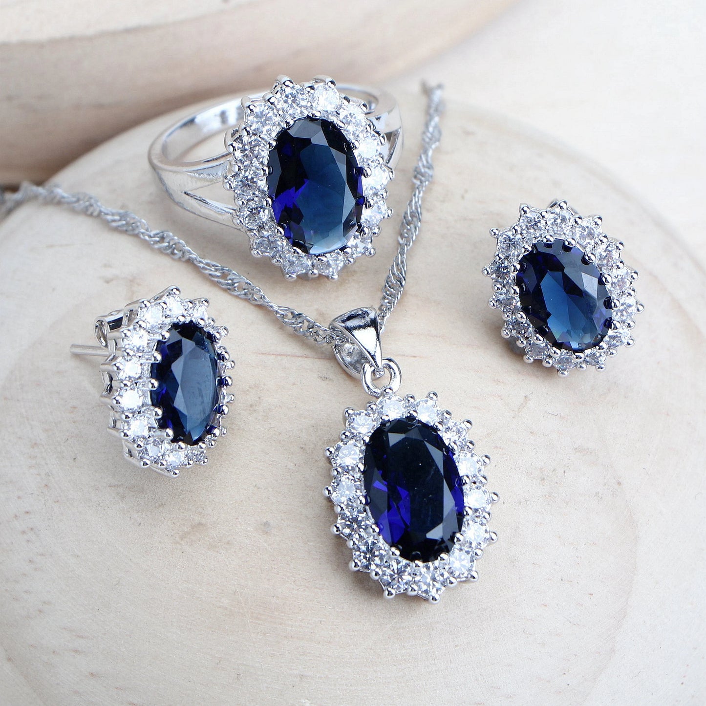 Celestial Blue Bridal Set – 925 Sterling Silver Wedding Jewelry with Blue Zirconia Stones