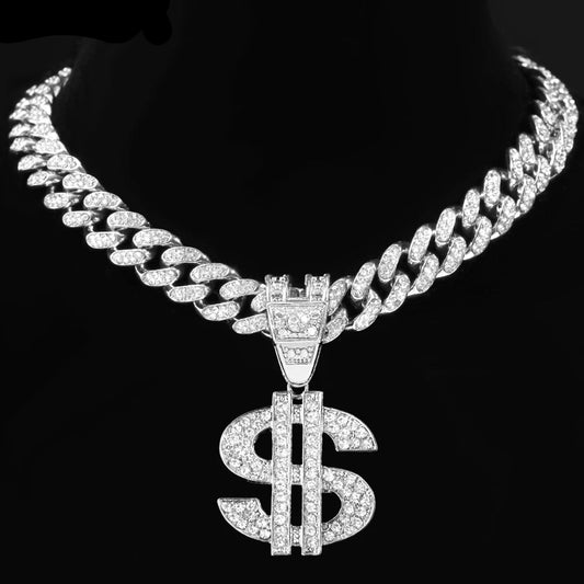 Iced Out Dollar Pendant Cuban Chain | 13mm Bling Rhinestone Necklace for Men – Silver Finish