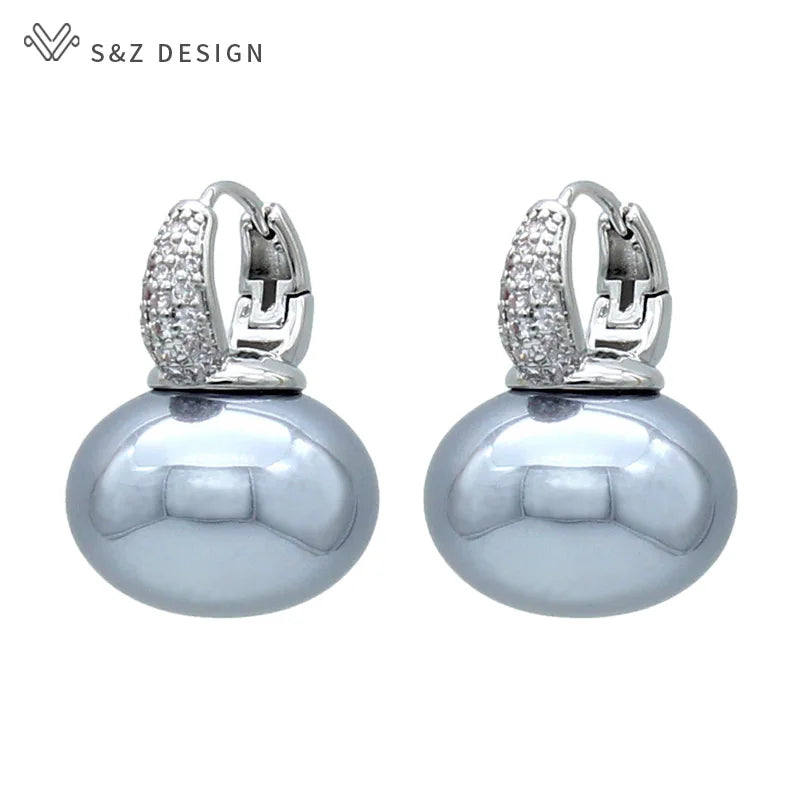 S&Z DESIGN Elegant Bread Round Pearl Dangle Earrings – Cubic Zirconia Wedding Jewelry Gift for Women