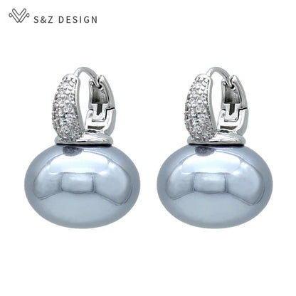 S&Z DESIGN Elegant Bread Round Pearl Dangle Earrings – Cubic Zirconia Wedding Jewelry Gift for Women