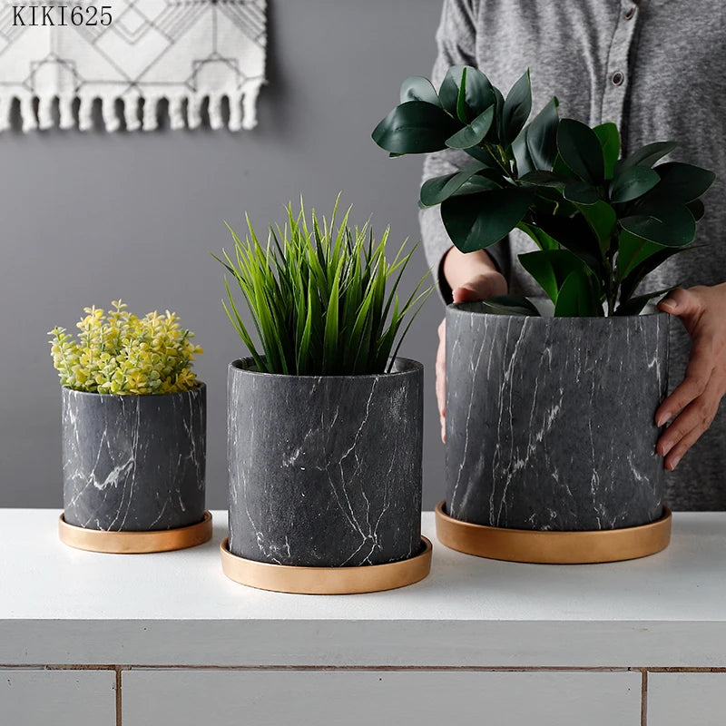 Marbella™ European Marble Ceramic Planter – Gold Tray Succulent Pot for Home & Garden