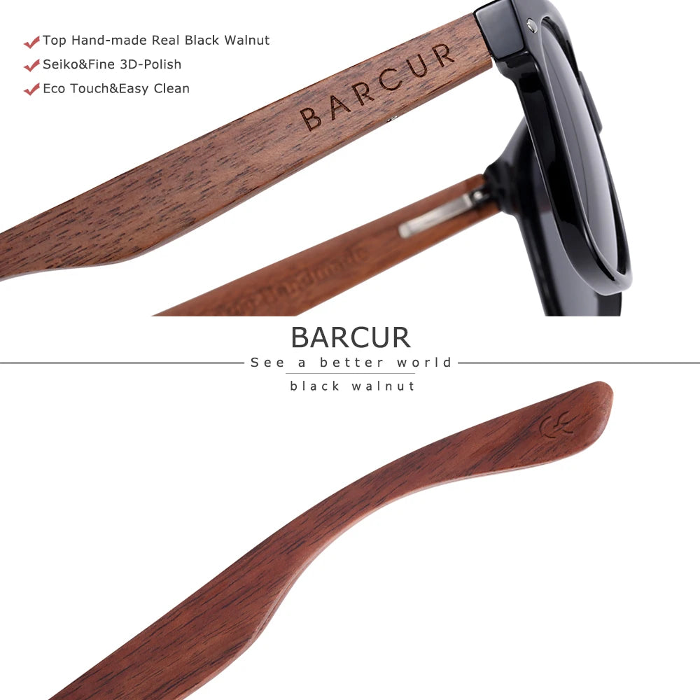 BARCUR™ Premium Black Walnut Wood Polarized Sunglasses for Men – UV400 Square Frame Eyewear + Gift Box