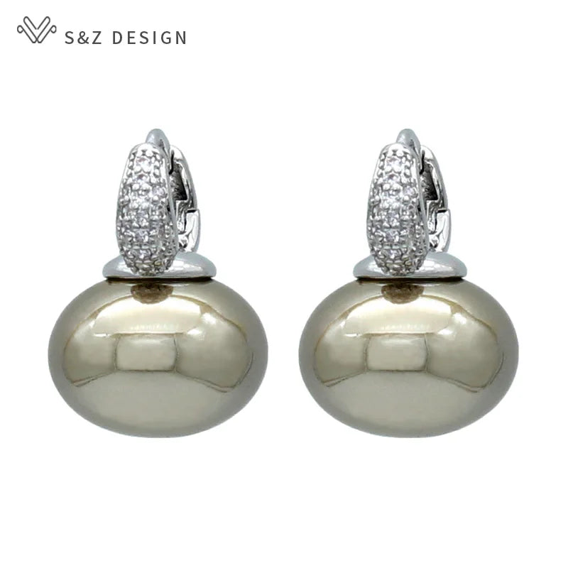 S&Z DESIGN Elegant Bread Round Pearl Dangle Earrings – Cubic Zirconia Wedding Jewelry Gift for Women