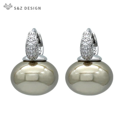 S&Z DESIGN Elegant Bread Round Pearl Dangle Earrings – Cubic Zirconia Wedding Jewelry Gift for Women