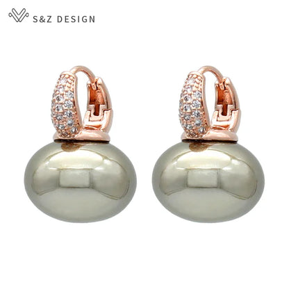 S&Z DESIGN Elegant Bread Round Pearl Dangle Earrings – Cubic Zirconia Wedding Jewelry Gift for Women