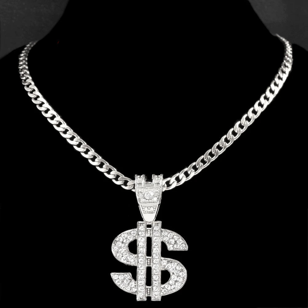 Iced Out Dollar Pendant Cuban Chain | 13mm Bling Rhinestone Necklace for Men – Silver Finish