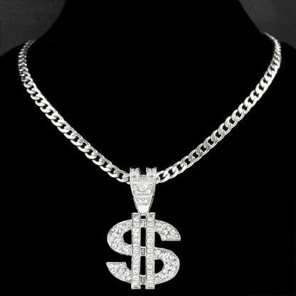 Iced Out Dollar Pendant Cuban Chain | 13mm Bling Rhinestone Necklace for Men – Silver Finish