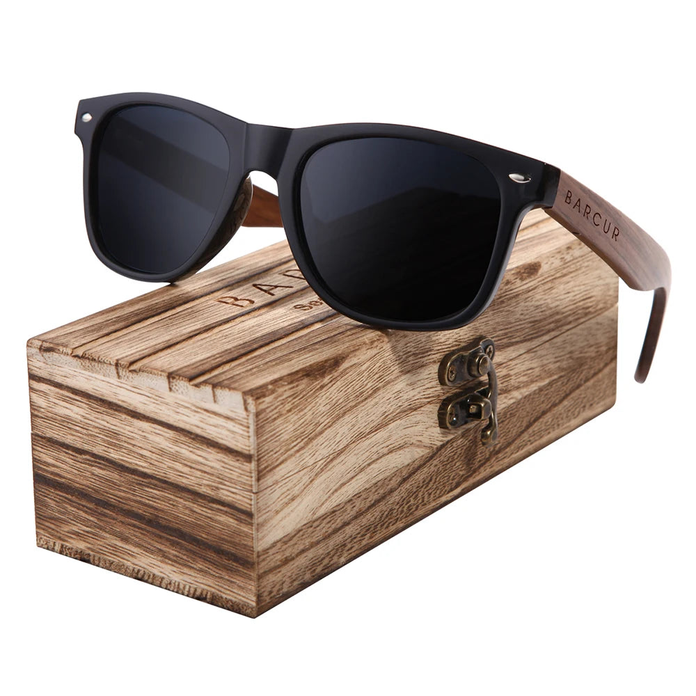 BARCUR™ Premium Black Walnut Wood Polarized Sunglasses for Men – UV400 Square Frame Eyewear + Gift Box