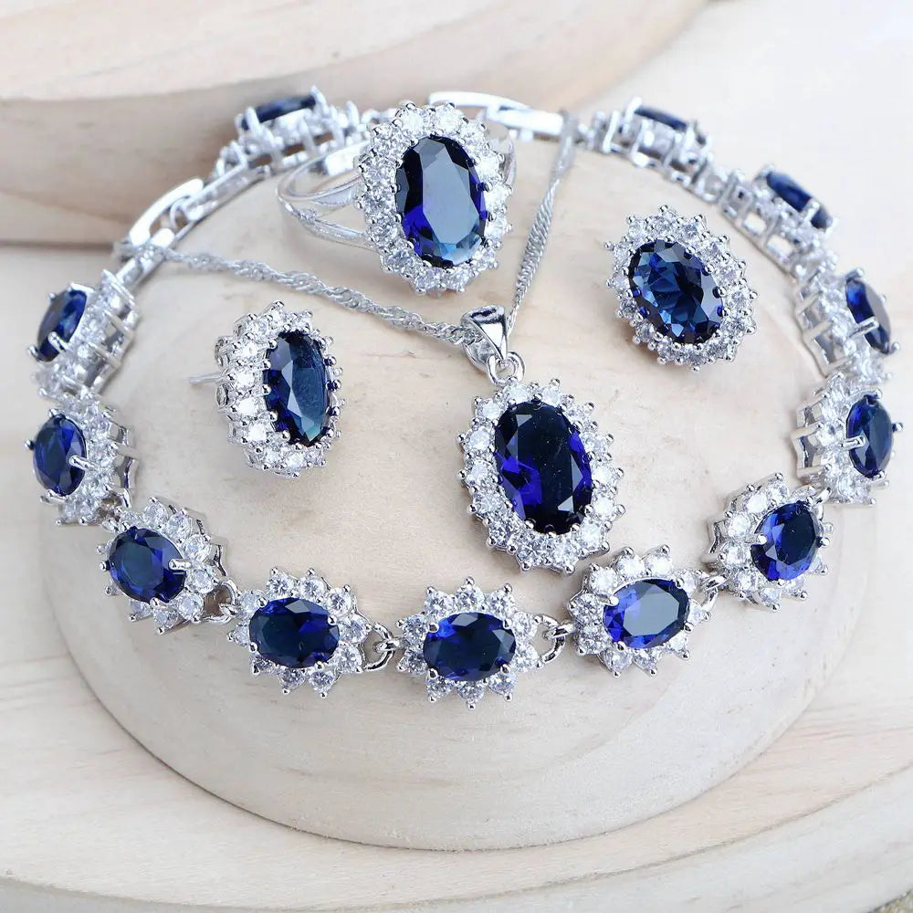 Celestial Blue Bridal Set – 925 Sterling Silver Wedding Jewelry with Blue Zirconia Stones