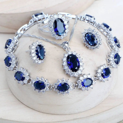 Celestial Blue Bridal Set – 925 Sterling Silver Wedding Jewelry with Blue Zirconia Stones