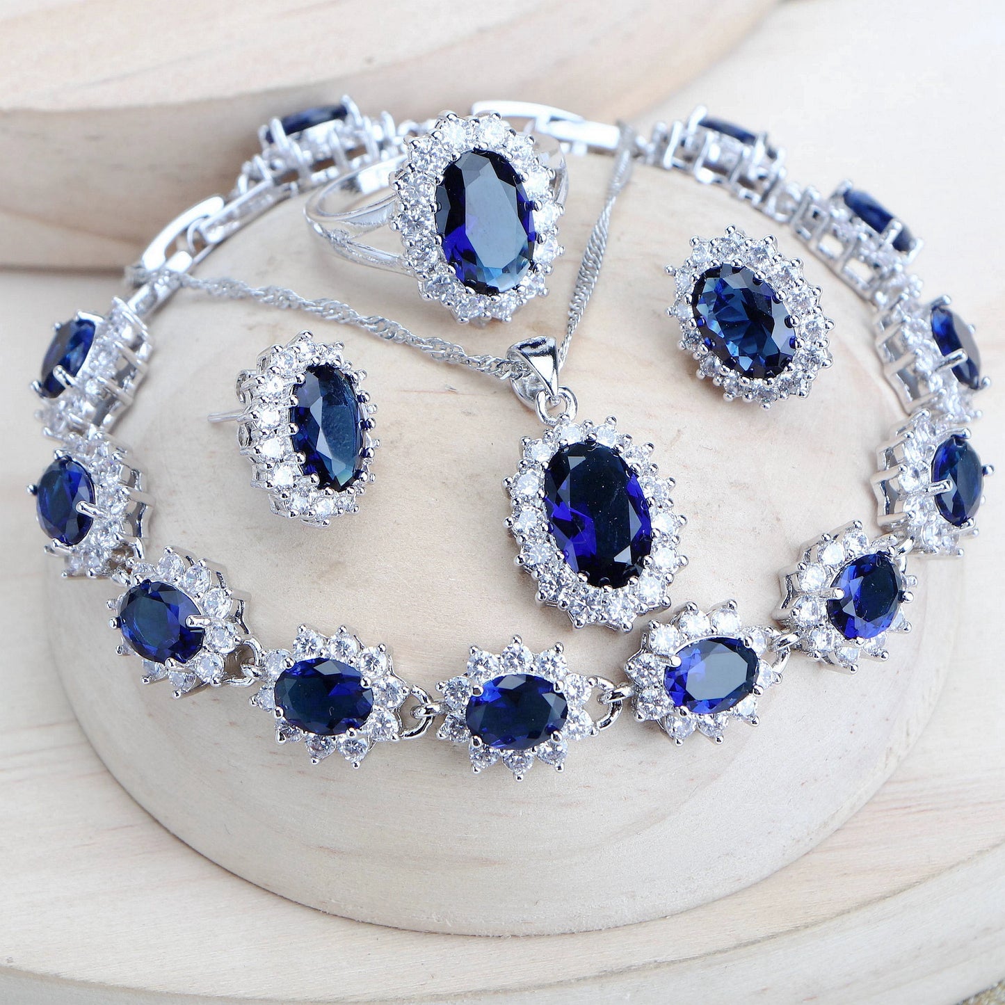 Celestial Blue Bridal Set – 925 Sterling Silver Wedding Jewelry with Blue Zirconia Stones