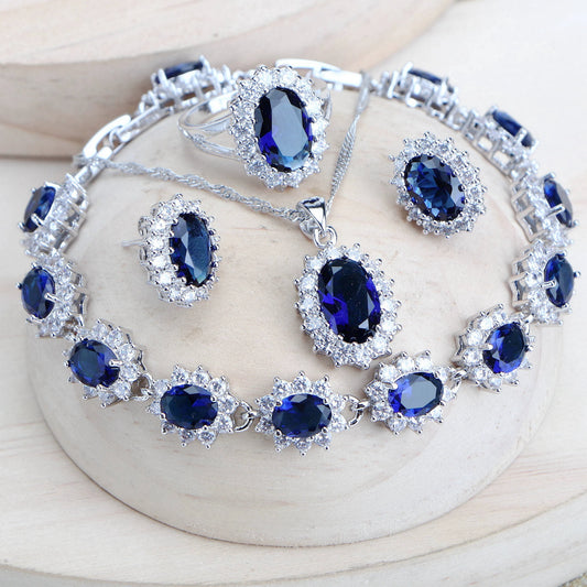 Celestial Blue Bridal Set – 925 Sterling Silver Wedding Jewelry with Blue Zirconia Stones