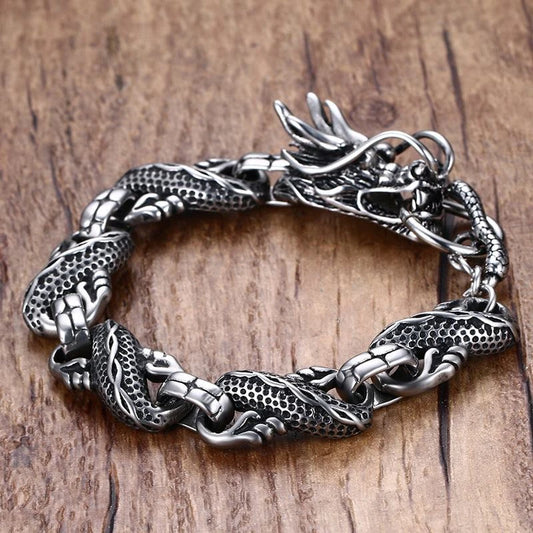 Vintage Silver Ethnic Dragon Cuff Bracelet – Bold Men’s Motorcycle & Street Style Jewelry