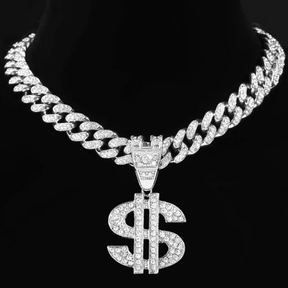 Iced Out Dollar Pendant Cuban Chain | 13mm Bling Rhinestone Necklace for Men – Silver Finish