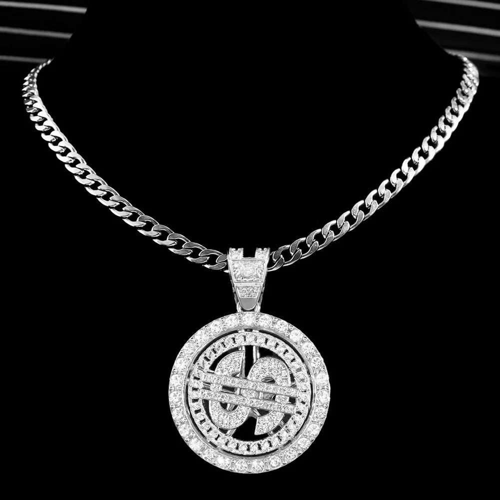 Iced Out Dollar Pendant Cuban Chain | 13mm Bling Rhinestone Necklace for Men – Silver Finish