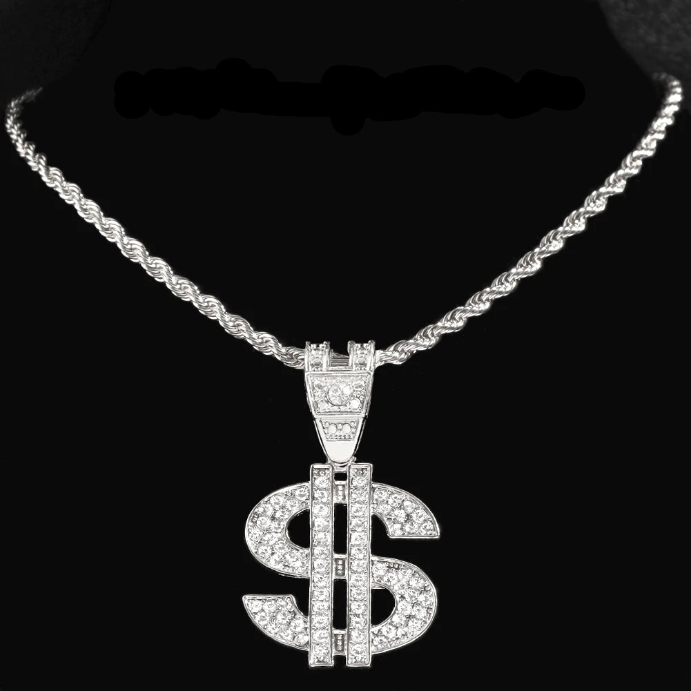 Iced Out Dollar Pendant Cuban Chain | 13mm Bling Rhinestone Necklace for Men – Silver Finish
