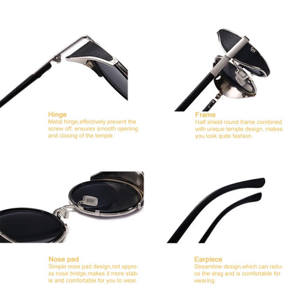 Retro Steampunk Round Sunglasses – Metal Shield Designer Eyewear for Men & Women | UV400 Mirror Lens Fashion Glasses