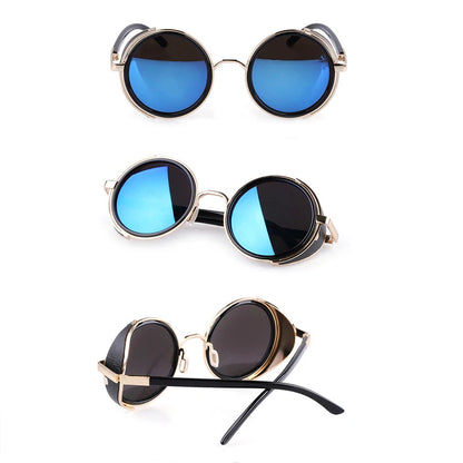 Retro Steampunk Round Sunglasses – Metal Shield Designer Eyewear for Men & Women | UV400 Mirror Lens Fashion Glasses