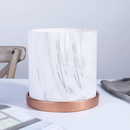 Marbella™ European Marble Ceramic Planter – Gold Tray Succulent Pot for Home & Garden