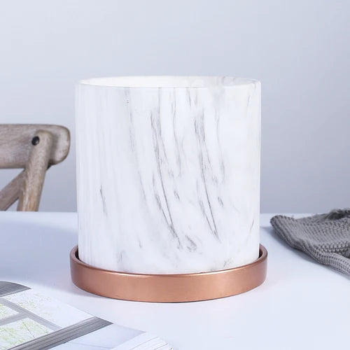 Marbella™ European Marble Ceramic Planter – Gold Tray Succulent Pot for Home & Garden