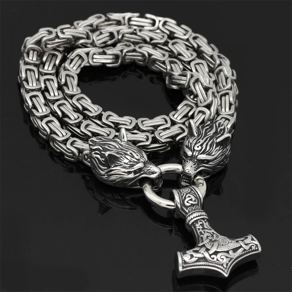 Nordic Viking Wolf Head Necklace | Norse Rune Amulet Stainless Steel Pendant for Men