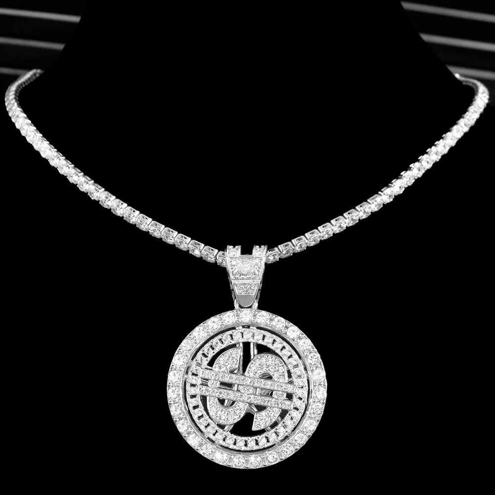 Iced Out Dollar Pendant Cuban Chain | 13mm Bling Rhinestone Necklace for Men – Silver Finish
