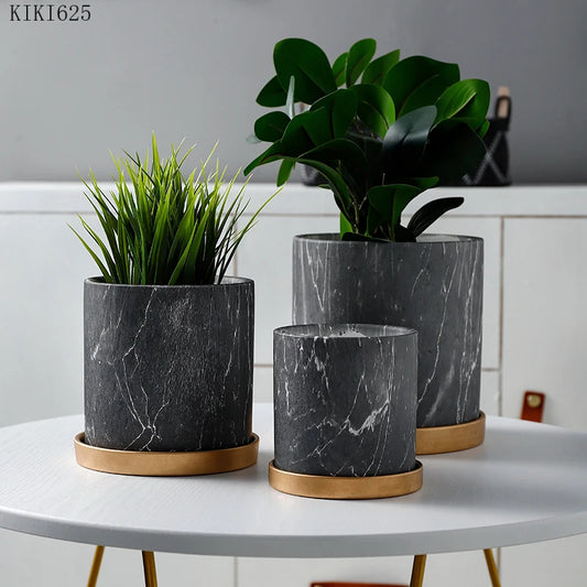 Marbella™ European Marble Ceramic Planter – Gold Tray Succulent Pot for Home & Garden