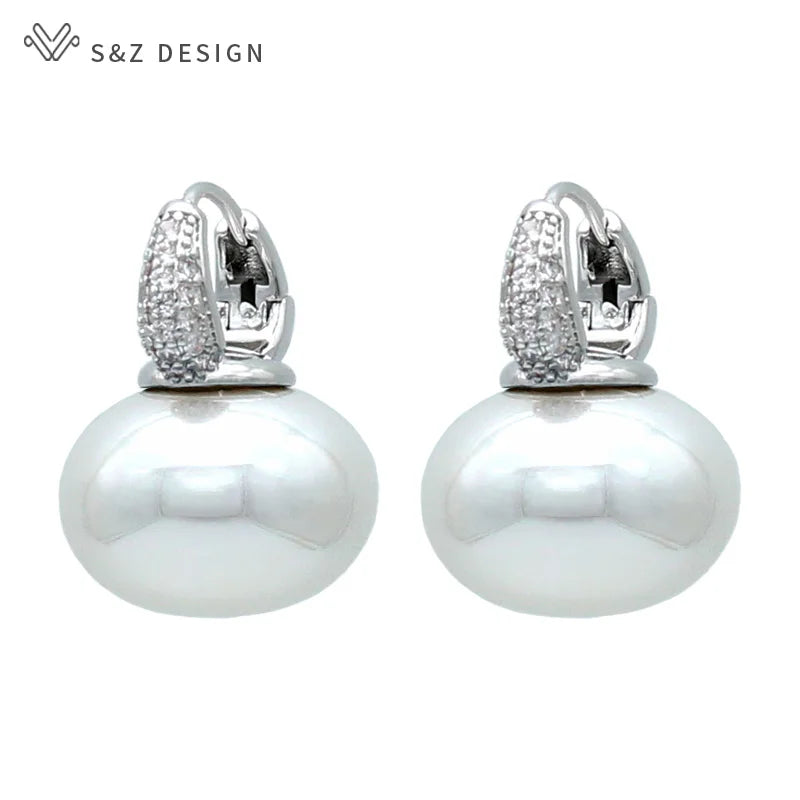 S&Z DESIGN Elegant Bread Round Pearl Dangle Earrings – Cubic Zirconia Wedding Jewelry Gift for Women