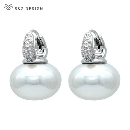 S&Z DESIGN Elegant Bread Round Pearl Dangle Earrings – Cubic Zirconia Wedding Jewelry Gift for Women