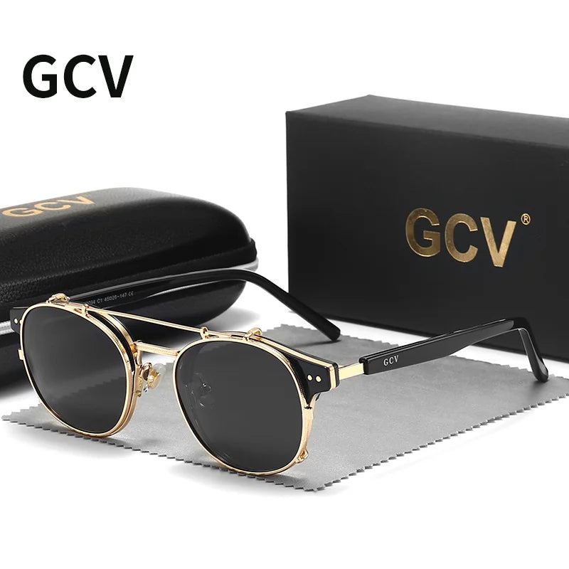 GCV™ Gothic Retro Steampunk Sunglasses – Double Layer Polarized Lens, Acetate Frame, Blu-Ray Filter, Unisex