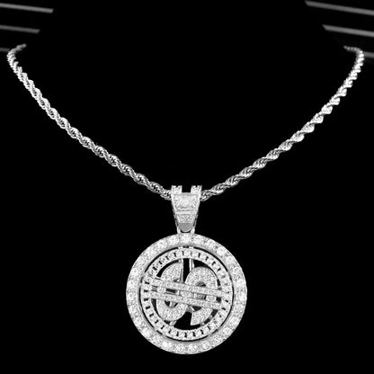 Iced Out Dollar Pendant Cuban Chain | 13mm Bling Rhinestone Necklace for Men – Silver Finish