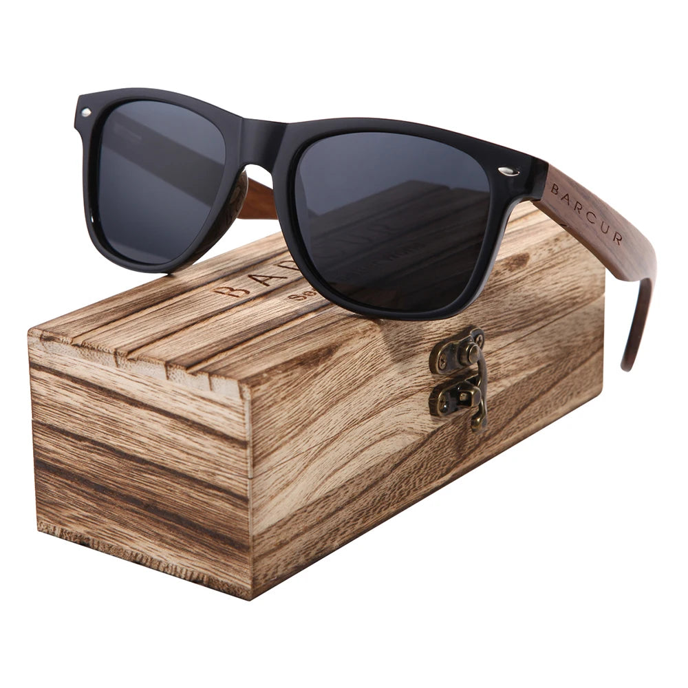 BARCUR™ Premium Black Walnut Wood Polarized Sunglasses for Men – UV400 Square Frame Eyewear + Gift Box