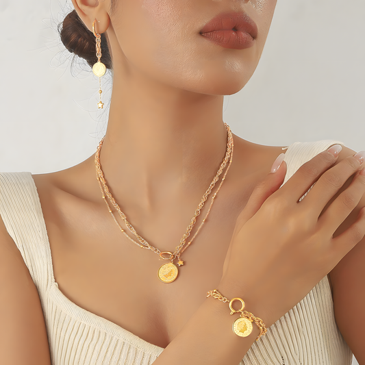 DIEYURO™ Golden Star Portrait Coin Jewelry Set – Necklace, Earrings & Bracelet