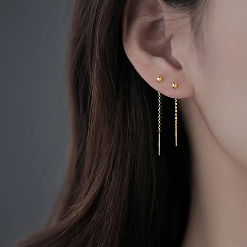 Minimalist Geometric Tassel Earrings – Long Silver Ball Drop Chain Dangle for Women | Trendy K-Pop Inspired Jewelry