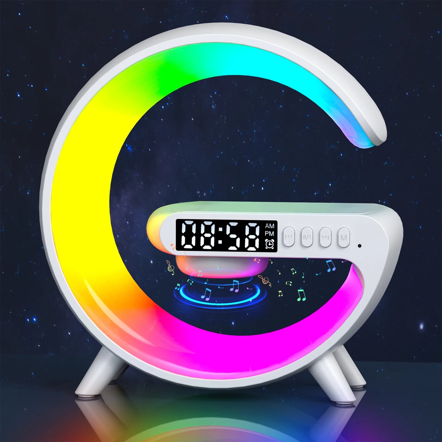 AuraCharge Station™ — 6-in-1 Wireless Charger with Speaker & RGB Night Light