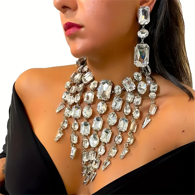 CrystalCascade™ Oversized Summer Statement Necklace & Earrings Set – Exaggerated Tassel Rhinestone Square Design