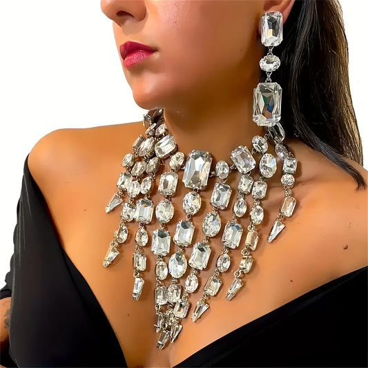 CrystalCascade™ Oversized Summer Statement Necklace & Earrings Set – Exaggerated Tassel Rhinestone Square Design